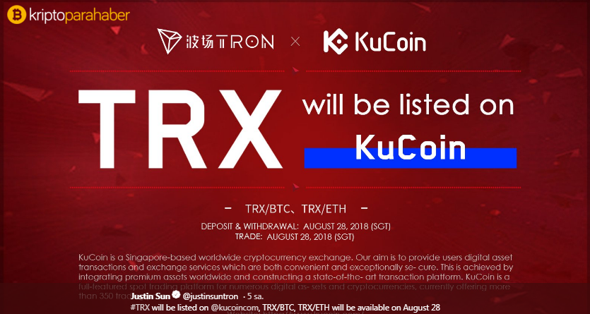 Tron (TRX) KuCoin listelemesini büyük projeden önce duyurdu