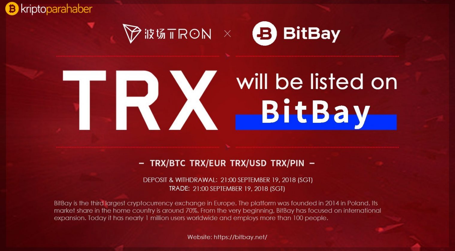 TRON (TRX) BitBay Borsasında 4 ayrı işlem çiftine açık olacak