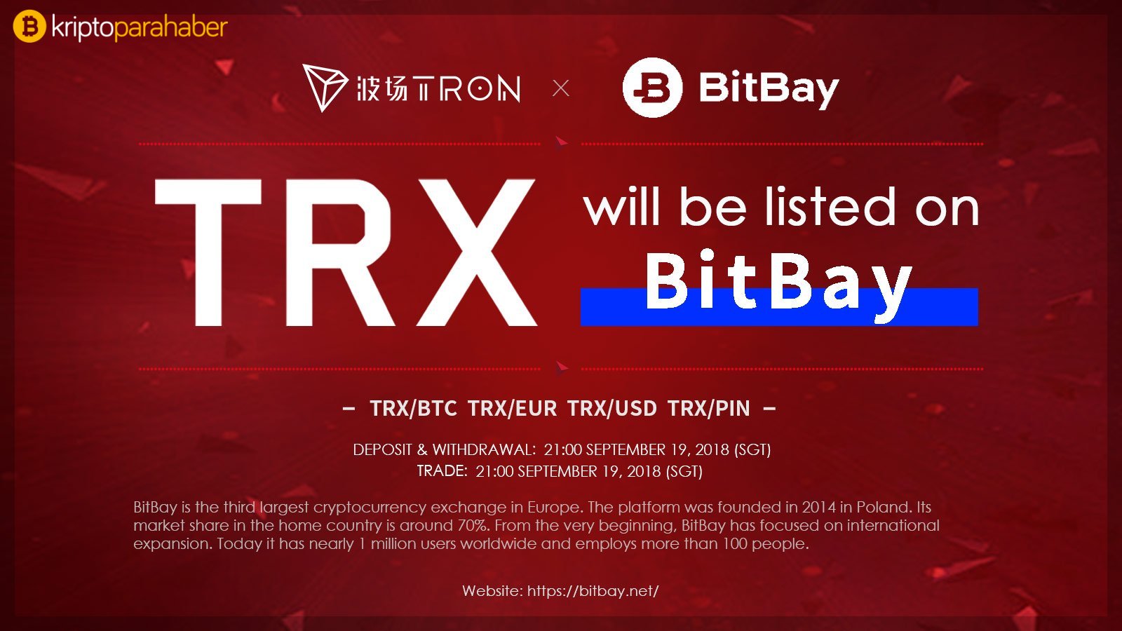 TRON (TRX) BitBay Borsasında 4 ayrı işlem çiftine açık olacak