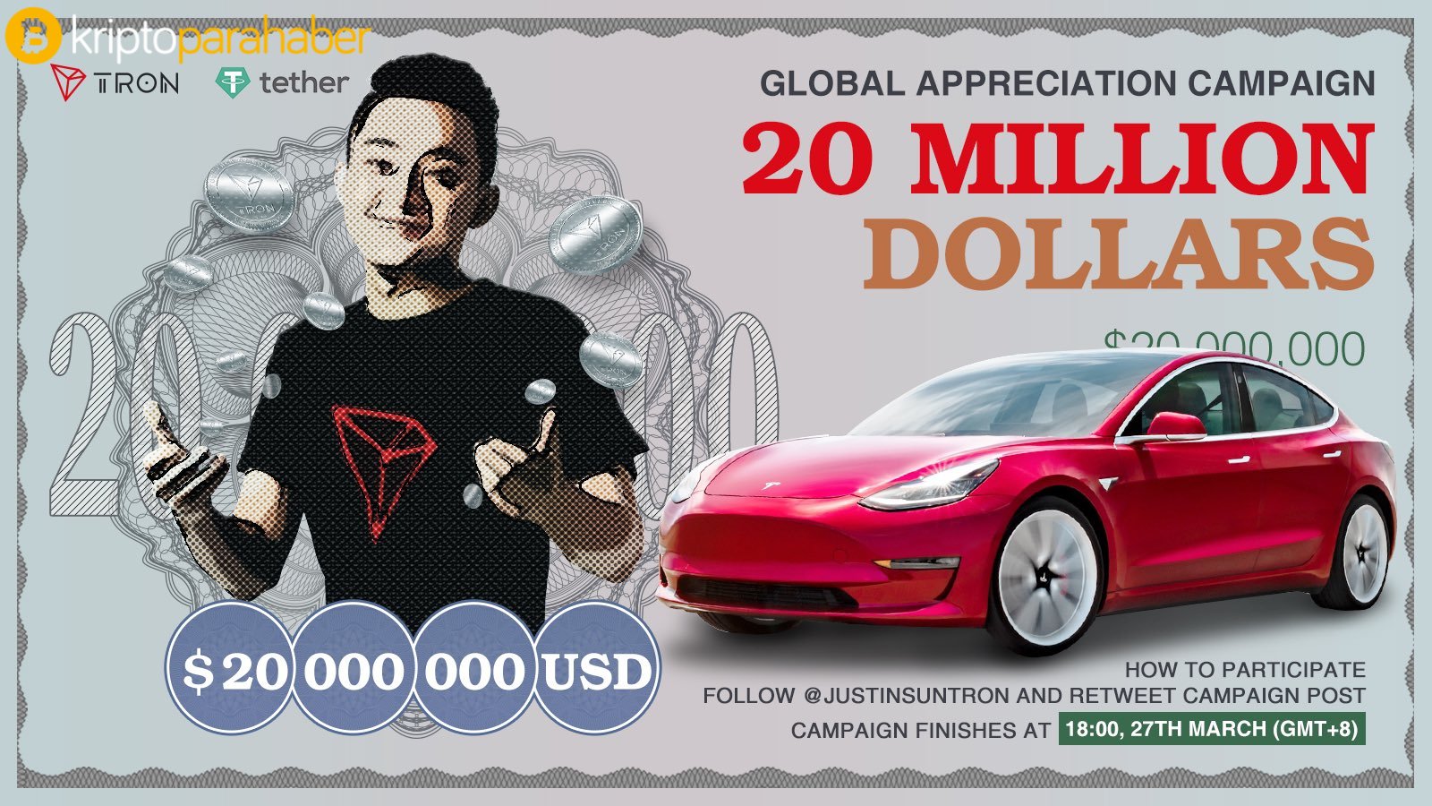 Tron'un kurucusu Justin Sun çıldırdı, milyon dolarlar ve araba dağıtacak