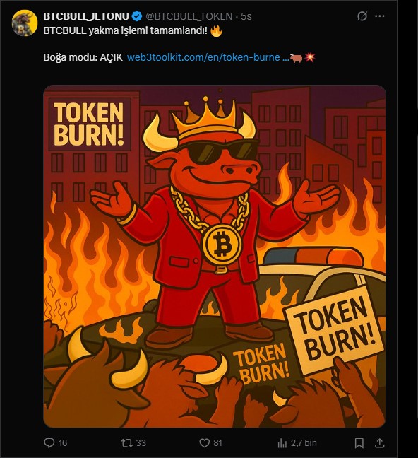 BTCBULL token yakma Bitcoin BUll